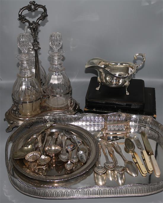 A quantity of plated ware including decanter stand
